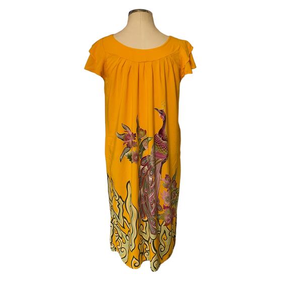 Boho Indie Floral Peacock Print Bright Colored Dress with capped Ruffle Sleeves - Picture 1 of 8